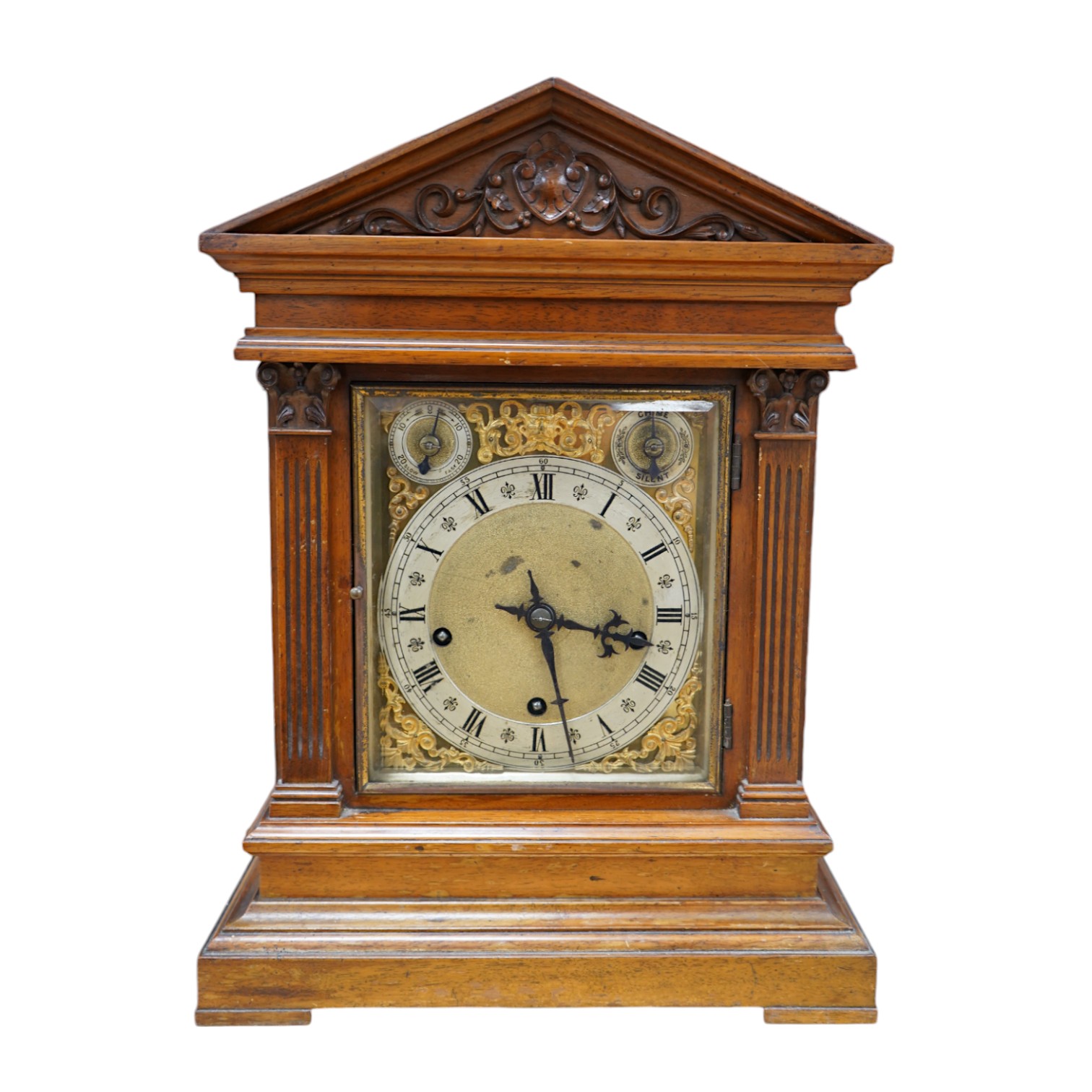 A late 19th century German mahogany W and H clock with a three train movement, striking and chiming on five coiled gongs, 42cm. Condition - fair to good, not tested, but understood from the vendor to be in working order